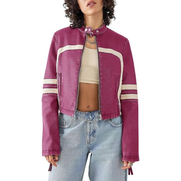 Women Purple Faux Leather Zip Up Cropped Jacket Stand Collar Moto Coat - Picture 1 of 5